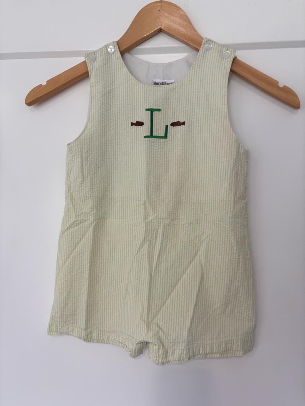 Smocktions “L” Embroidered Fish fishing theme seersucker Romper 3T